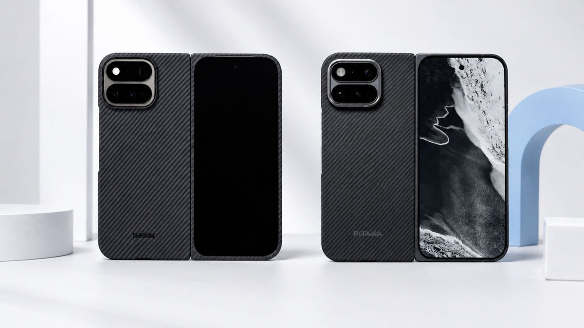 A side-by-side image of ThinBorne and PITAKA Google Pixel 11 Pro Fold case