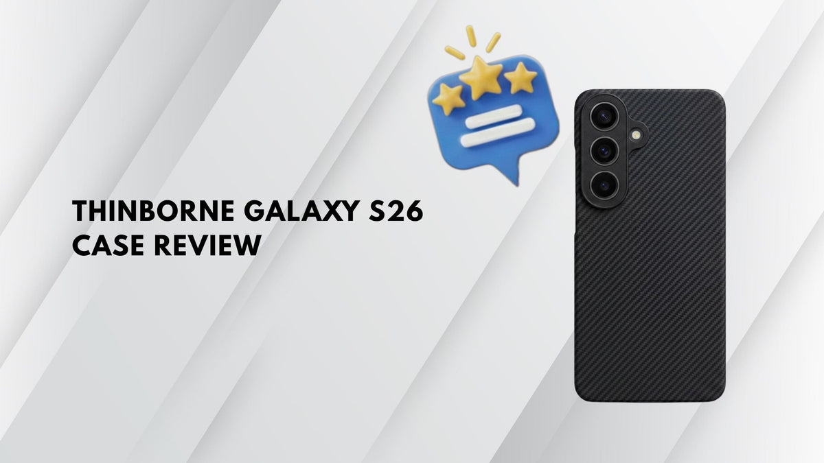 Galaxy S26 in black Thinborne aramid fiber case in gray background with subtle diagonal lines