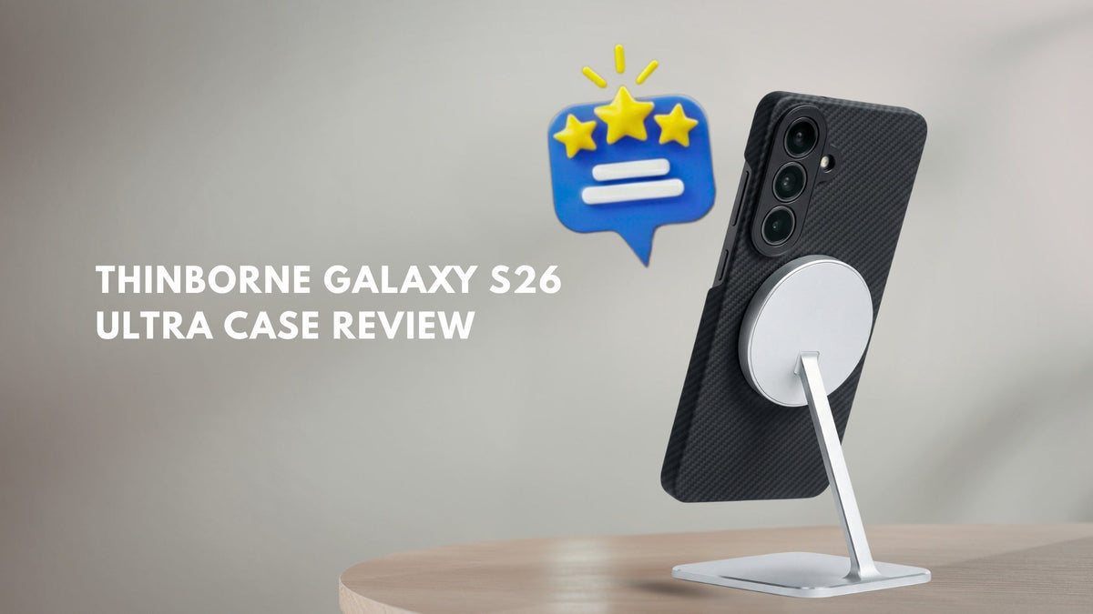 Samsung Galaxy S26 Ultra in Thinborne Galaxy S26 Ultra case attached to a MagSafe stand