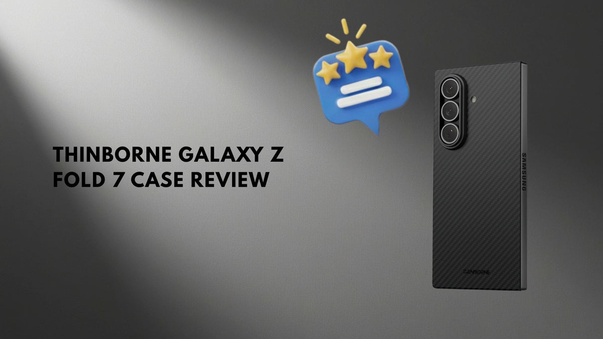 Spotlight shining on Galaxy Z Fold 7 in black Thinborne aramid fiber case in dark gray background