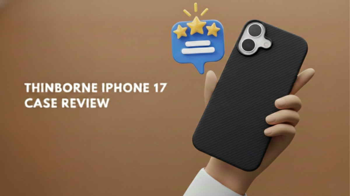 Alt txt: Hand holding an iPhone in a Thinborne iPhone 17 case on a brown background