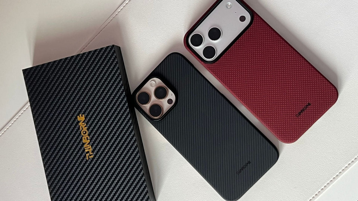 thinborne iphone 17 pro max thin aramid fiber case in classic black and crimson red with the box