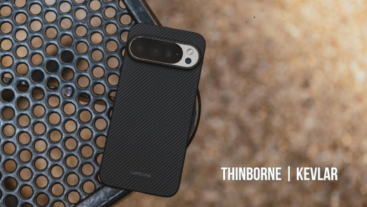Thinborne kevlar classic black phone case on edge of steel surface