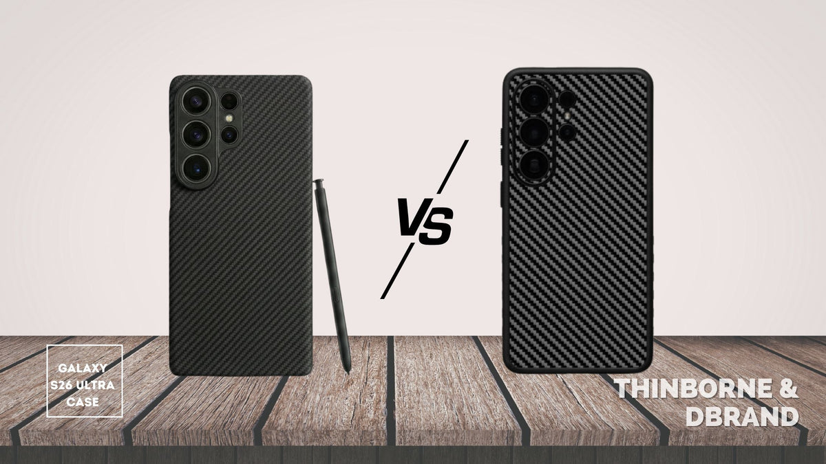 Galaxy S26 Ultra with S Pen in black Thinborne case beside S26 Ultra in Dbrand Galaxy S26 Ultra case