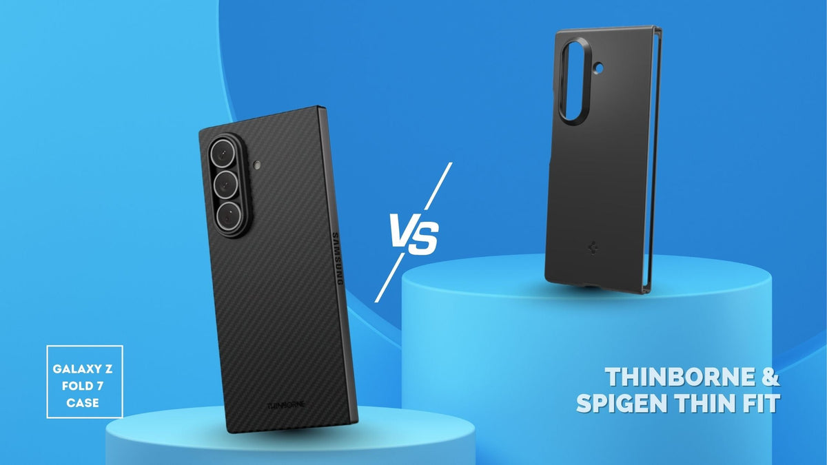 Black Thinborne Galaxy Z Fold 7 Aramid Fiber case beside Black Spigen Galaxy 7 Fold 7 Thin Fit case