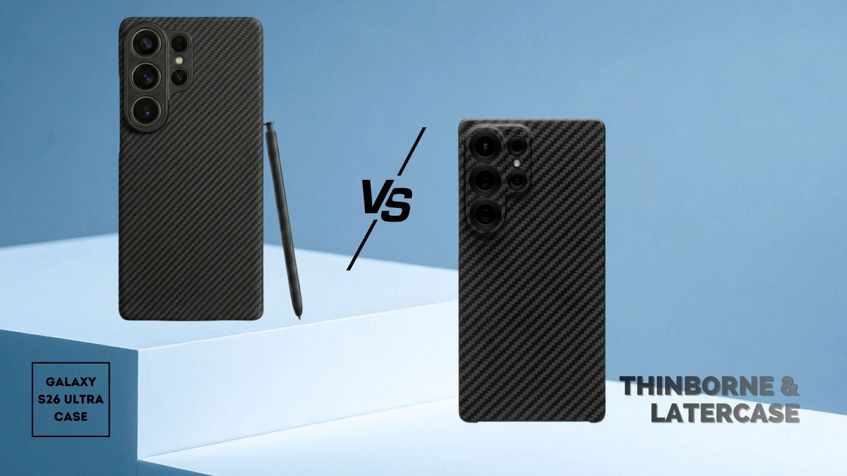 Galaxy S26 Ultra in black Thinborne case beside another S26 in black Latercase case