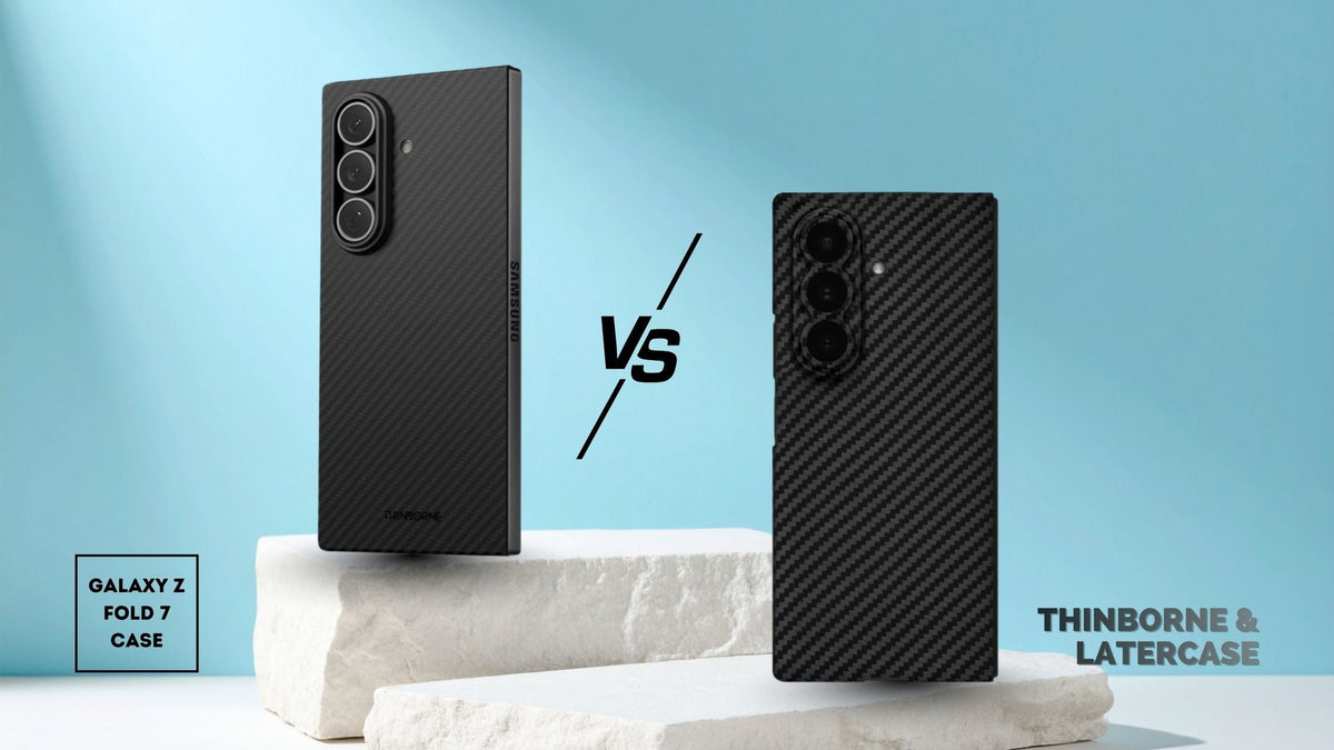 Galaxy Z Fold 7 in black Thinborne case beside another Fold 7 in Latercase case