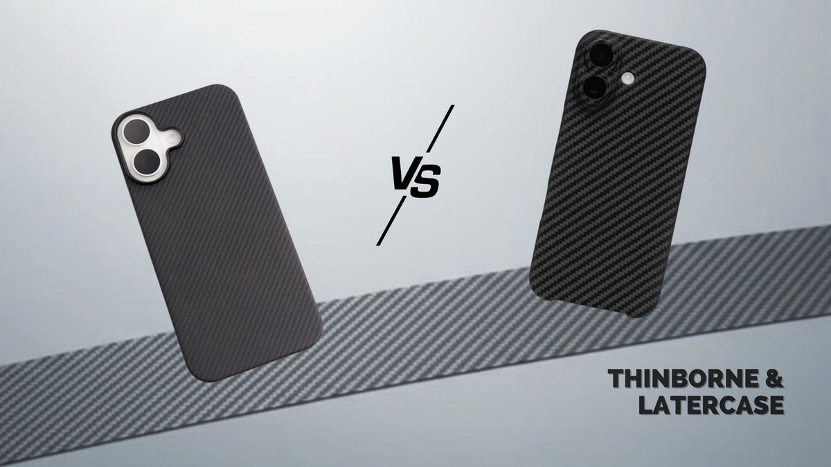 Thinborne iPhone 17 case beside Latercase iPhone 17 case on a strip of aramid fiber