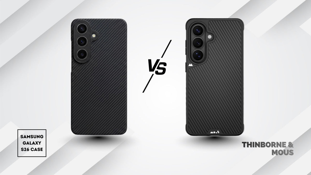 Samsung Galaxy S26 in black Thinborne aramid fiber case beside S26 in black Mous case