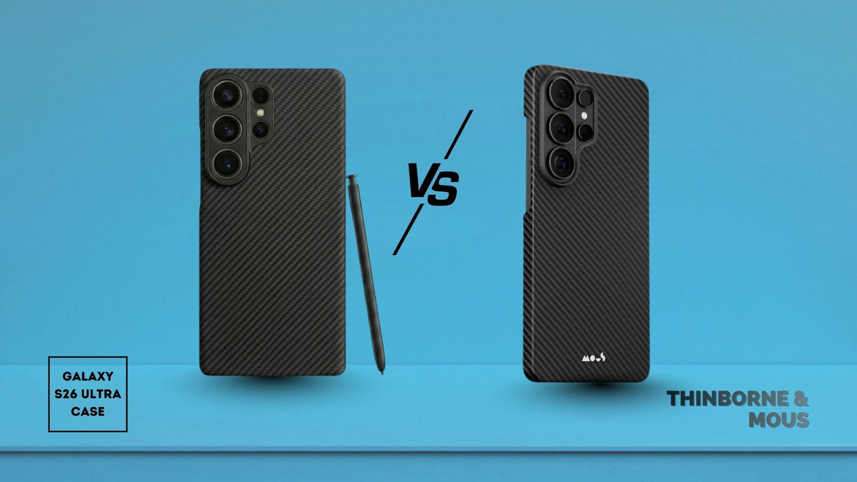 Samsung S26 Ultra in black Thinborne aramid fiber case beside S26 Ultra in black Mous case