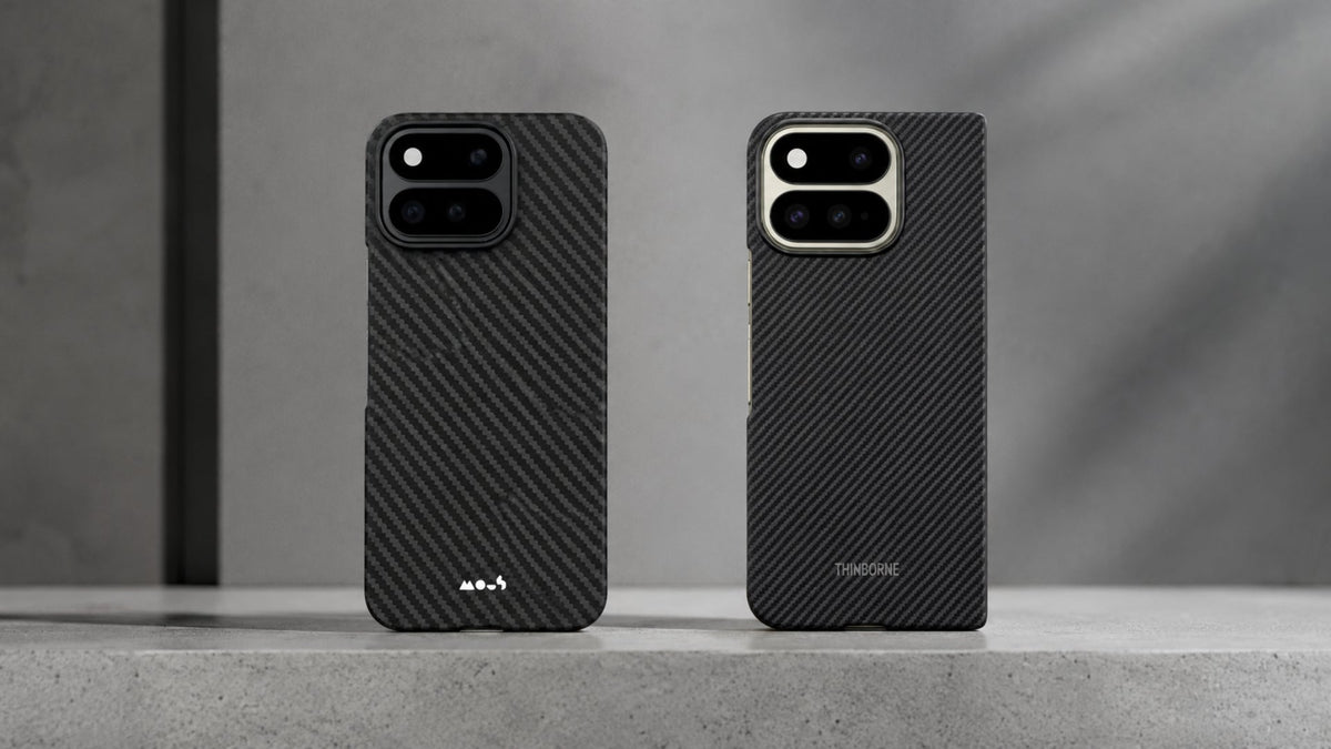A side-by-side image of ThinBorne and Mous thin aramid fibre case with Pixelsnap for Pixel 11 Pro Fold 