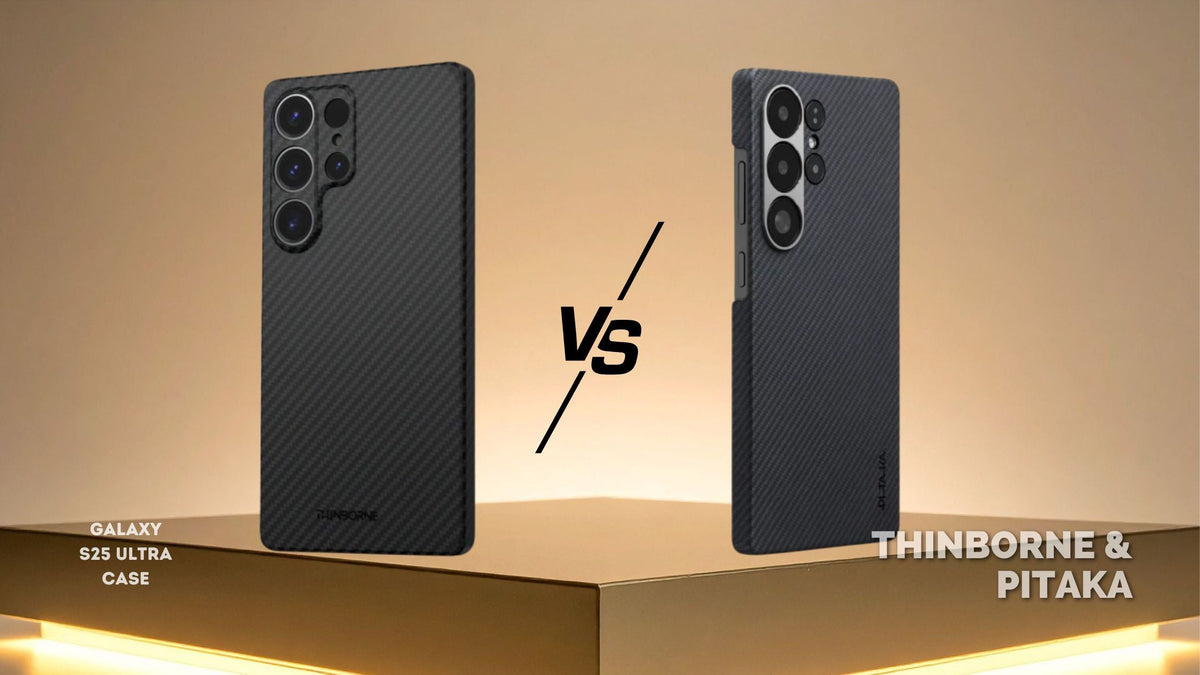 Black Thinborne S25 Ultra case beside Black PITAKA S25 Ultra case on a platform