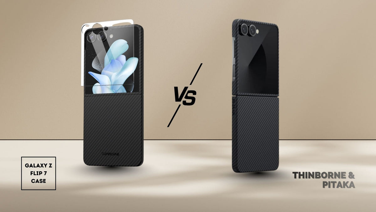 Galaxy Z Flip 7 in black Thinborne case beside Flip 7 in PITAKA case with vs between them on brownish background