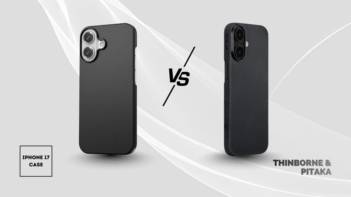 Thin iPhone 17 in Thinborne case beside iPhone 17 in PITAKA case with the word vs between them
