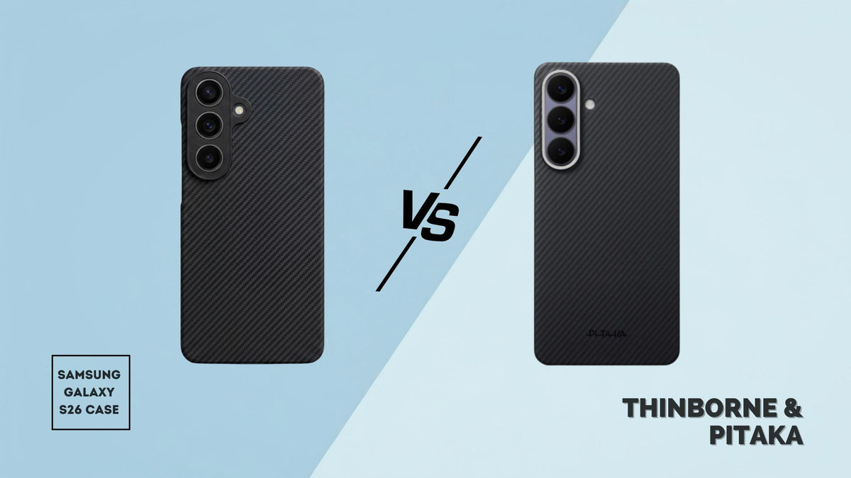 Galaxy S26 in black Thinborne case beside S26 in black PITAKA case