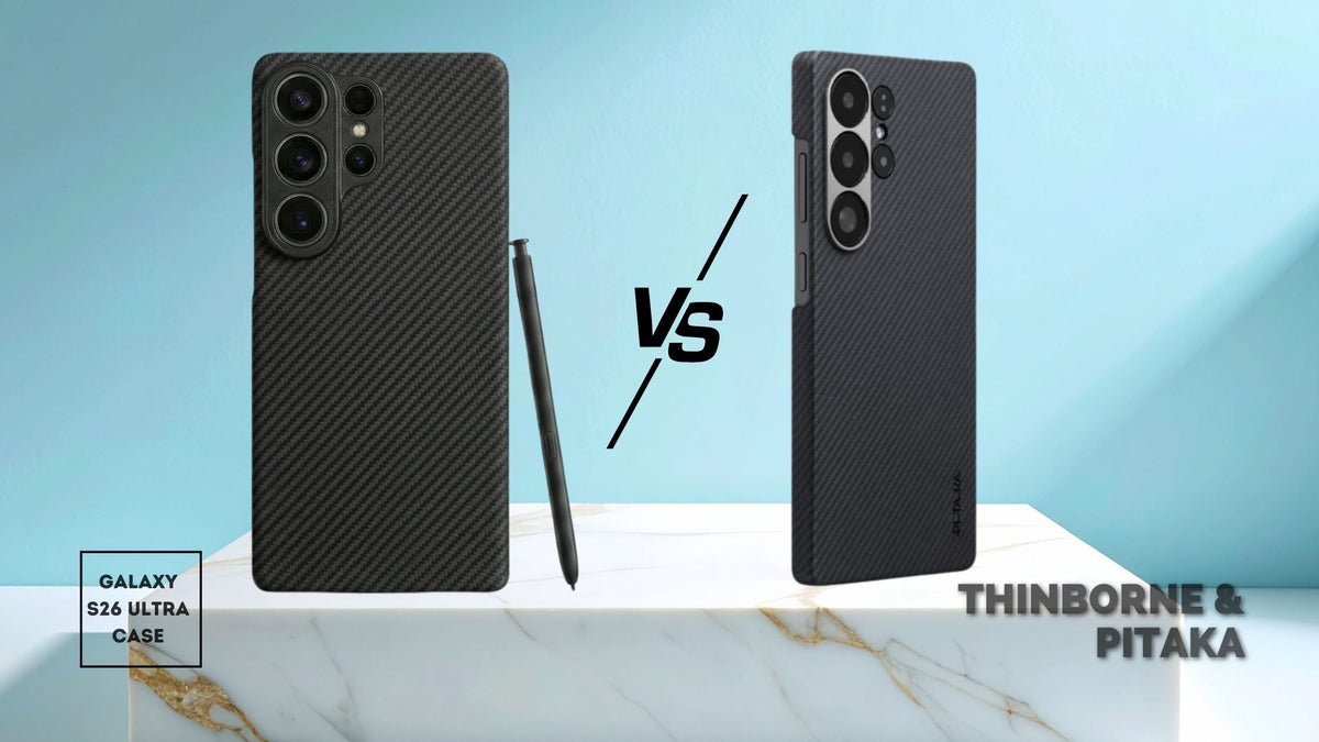 Galaxy S26 Ultra in black Thinborne case beside S26 Ultra in black PITAKA case
