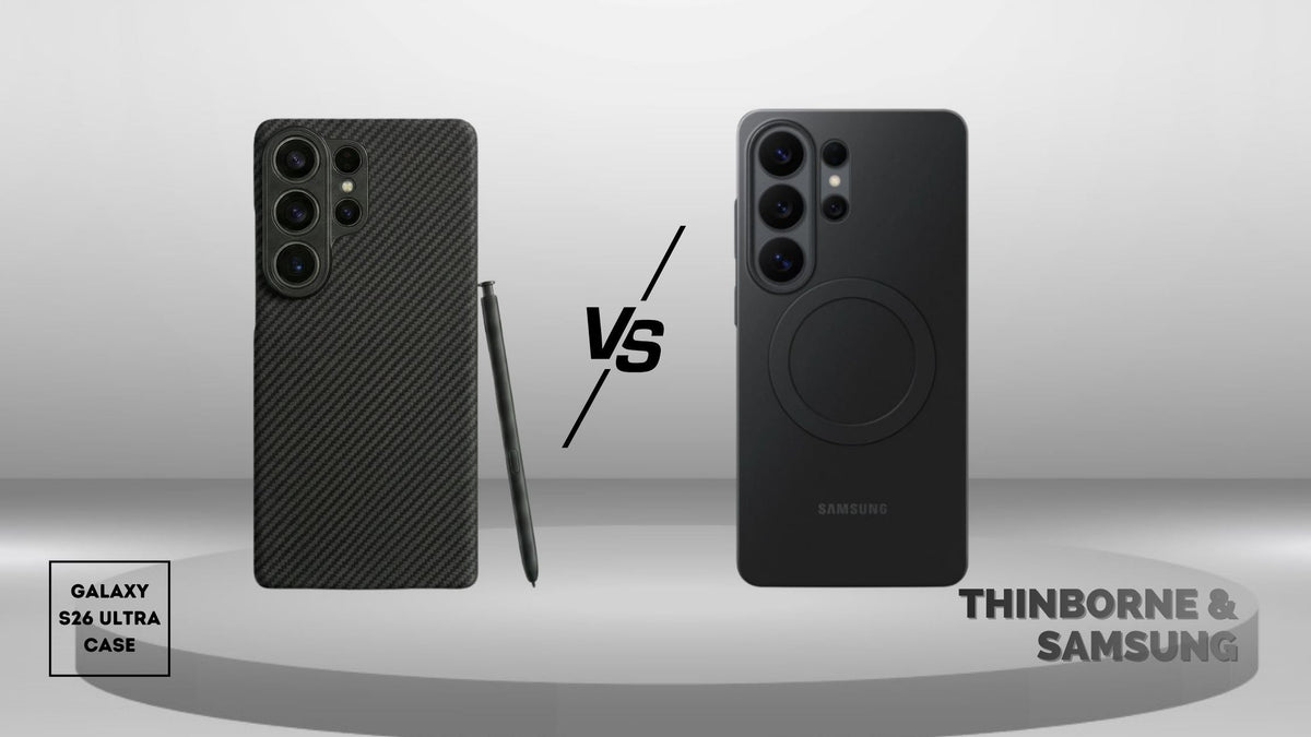 Galaxy S26 Ultra in black Thinborne case beside another S26 Ultra in black Samsung case