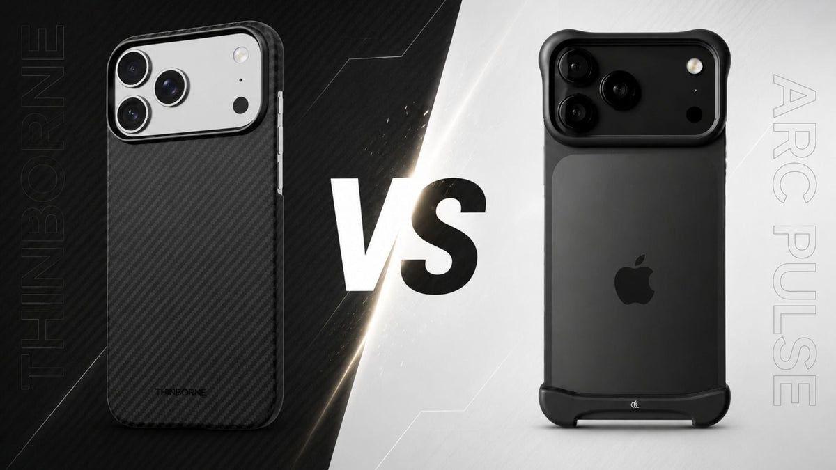 A side-by-side image of ThinBorne and Arc Pulse iPhone 17 Pro