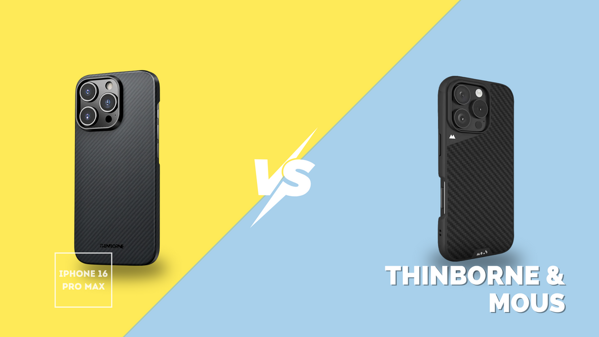 ThinBorne vs Mous iPhone 16 Pro Max cases in aramid fiber, side-by-side comparison.