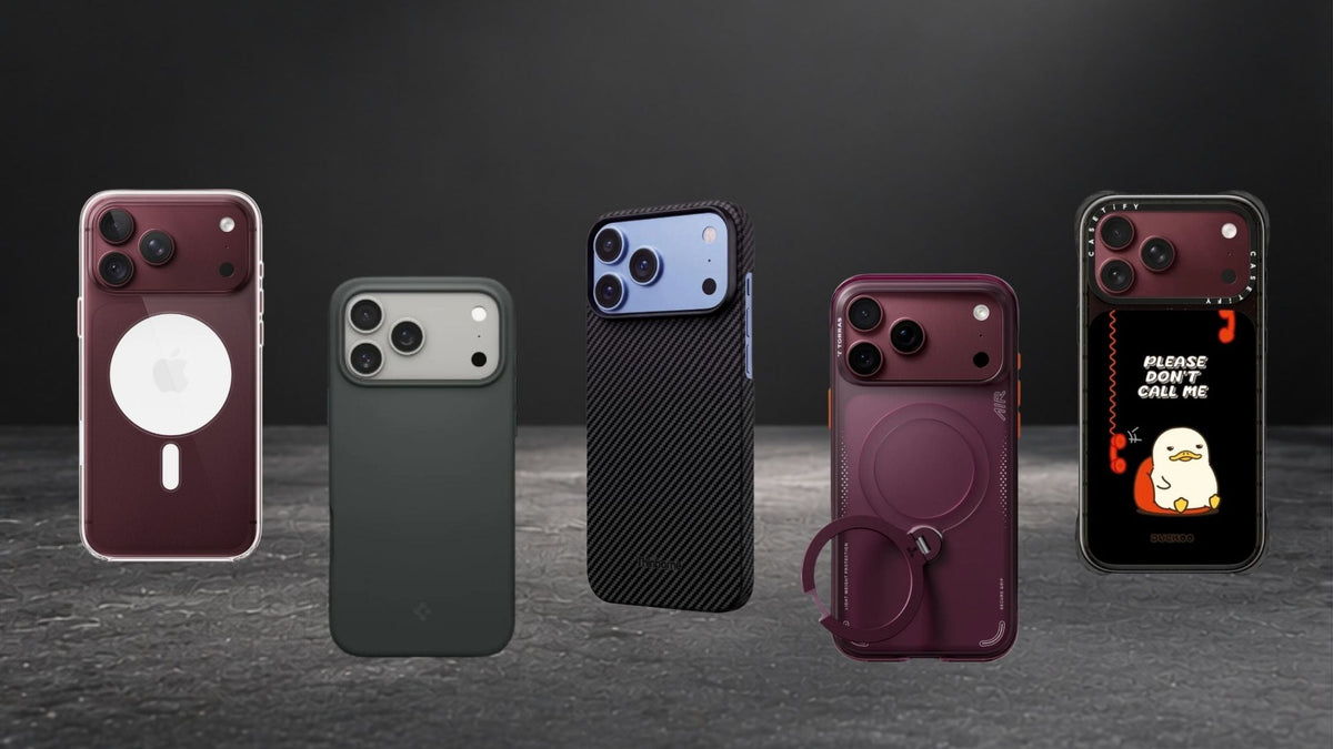 5 iPhone 18 Pro Max cases in dark minimalist background