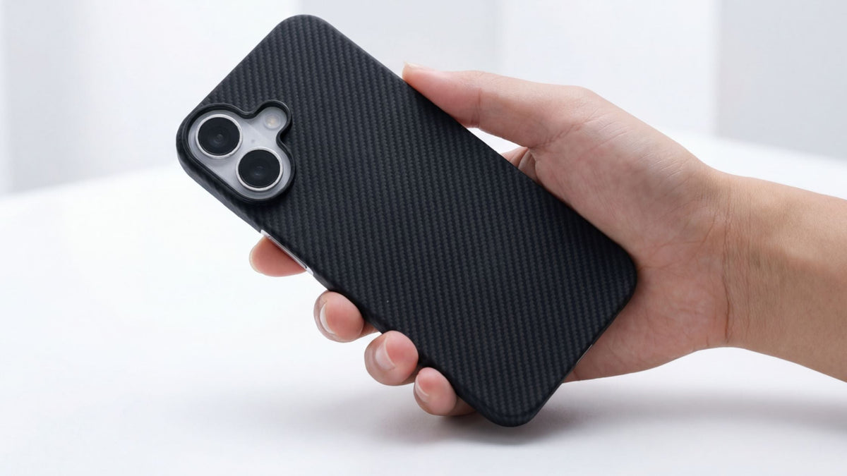 Man’s hand holding iPhone 17 in black Thinborne aramid fiber case