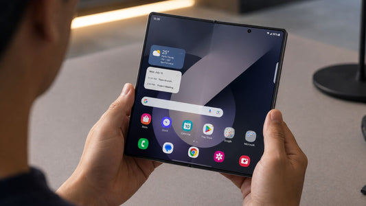 AI-generated image of man holding Galaxy Z Fold 8 Wide with inner display facing him