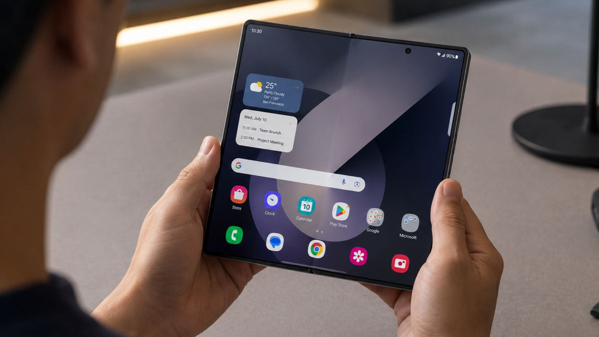 AI-generated image of man holding Galaxy Z Fold 8 Wide with inner display facing him