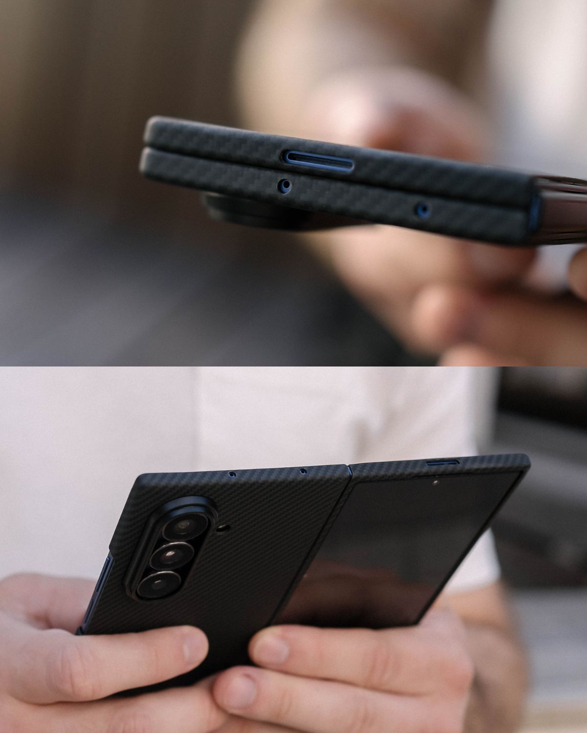  This is a two-part image showing the top edge and the side profile of the black, foldable phone with the case. The image highlights how thin the case is and the precise cutouts for the speakers and ports.