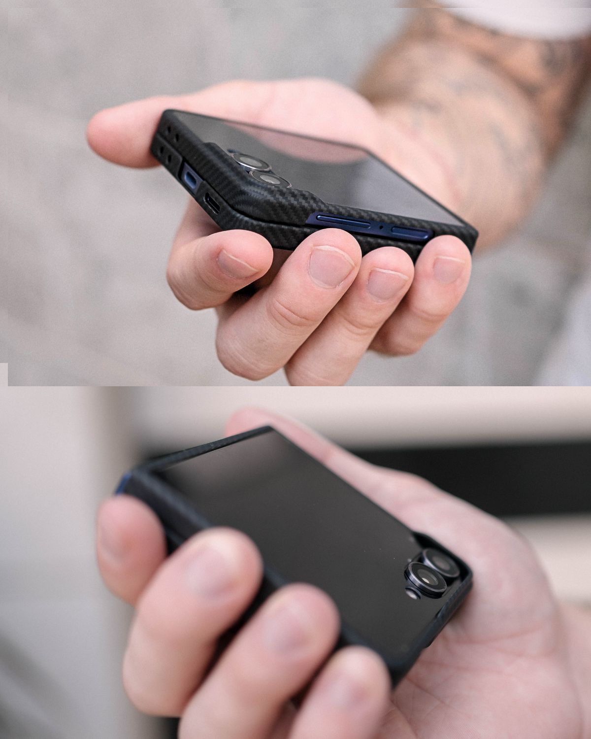 Hand holding a folded Galaxy Z Flip 7 with a carbon fiber case.