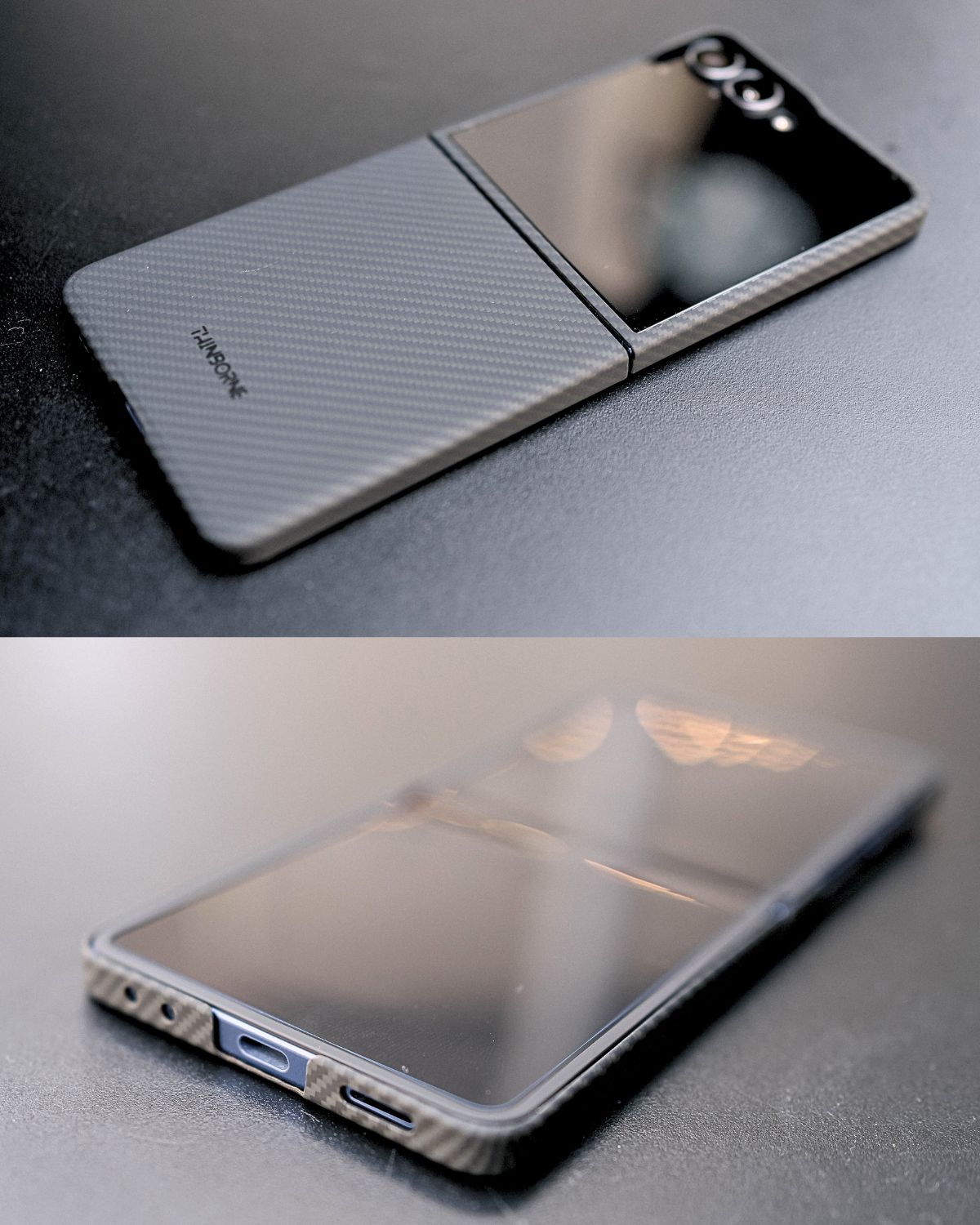 A Z Flip 7 case shown lying flat, with views of the ports and cameras.