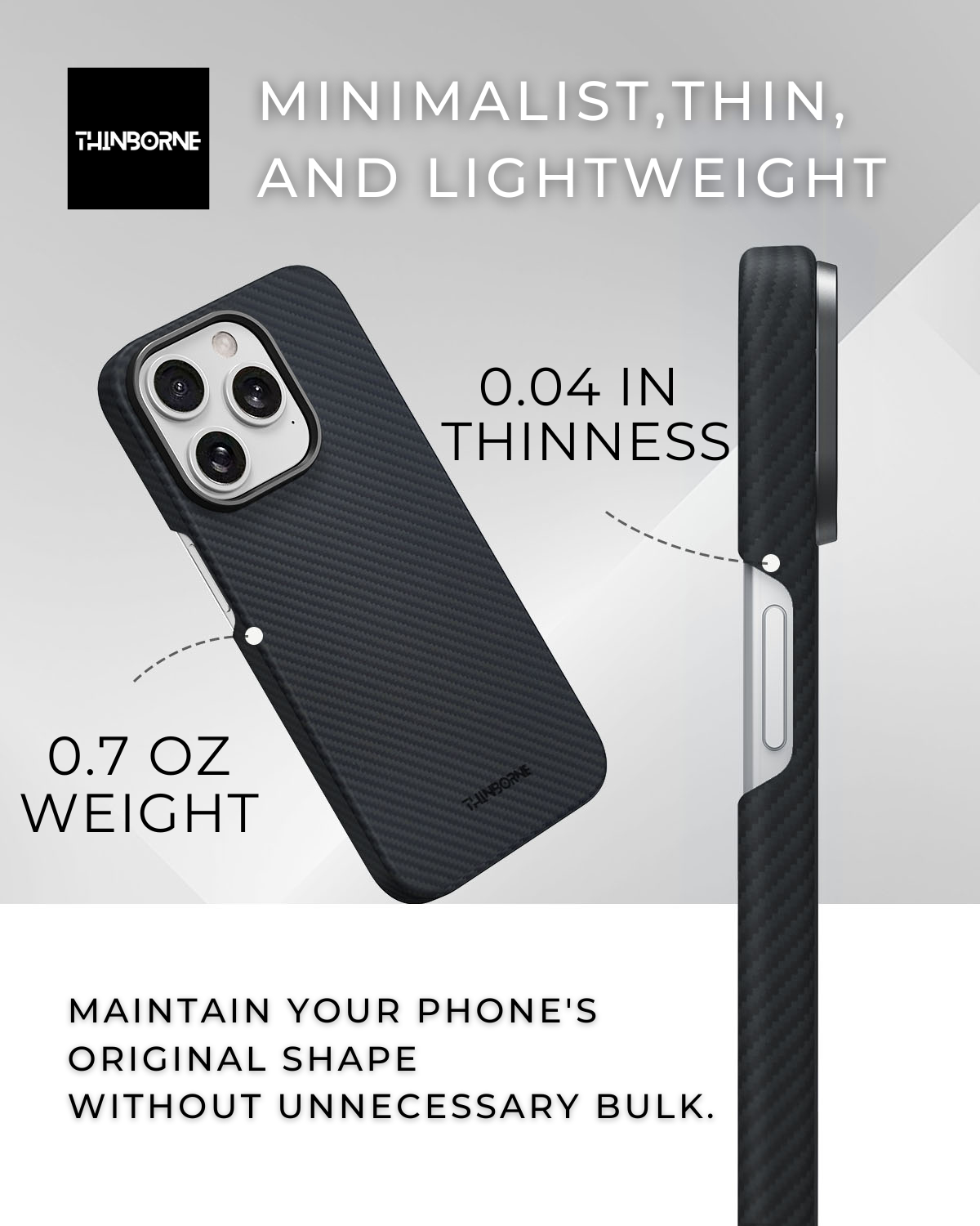 showing the weigh and thinness of the iPhone 15 pro minimalist aramid fiber case