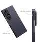 Side-angle close-up of a folded Samsung Galaxy Z Fold 8 Ultra in a navy blue textured case, highlighting its slim profile and camera bump.