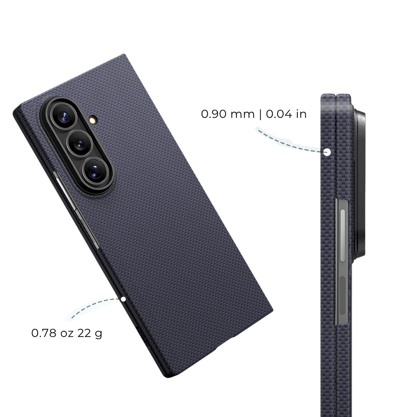 Side-angle close-up of a folded Samsung Galaxy Z Fold 8 Ultra in a navy blue textured case, highlighting its slim profile and camera bump.
