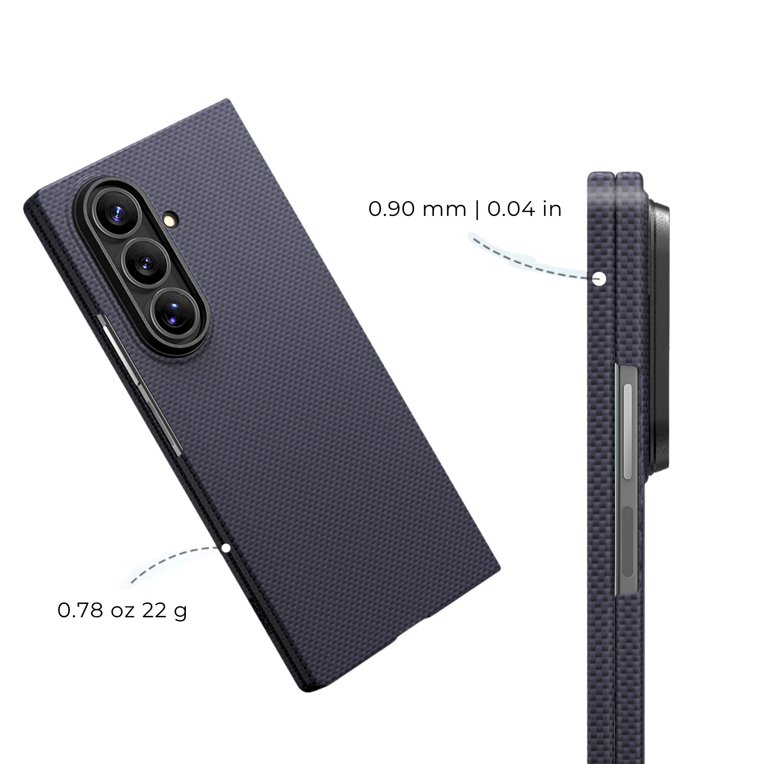 Side-angle close-up of a folded Samsung Galaxy Z Fold 8 Ultra in a navy blue textured case, highlighting its slim profile and camera bump.