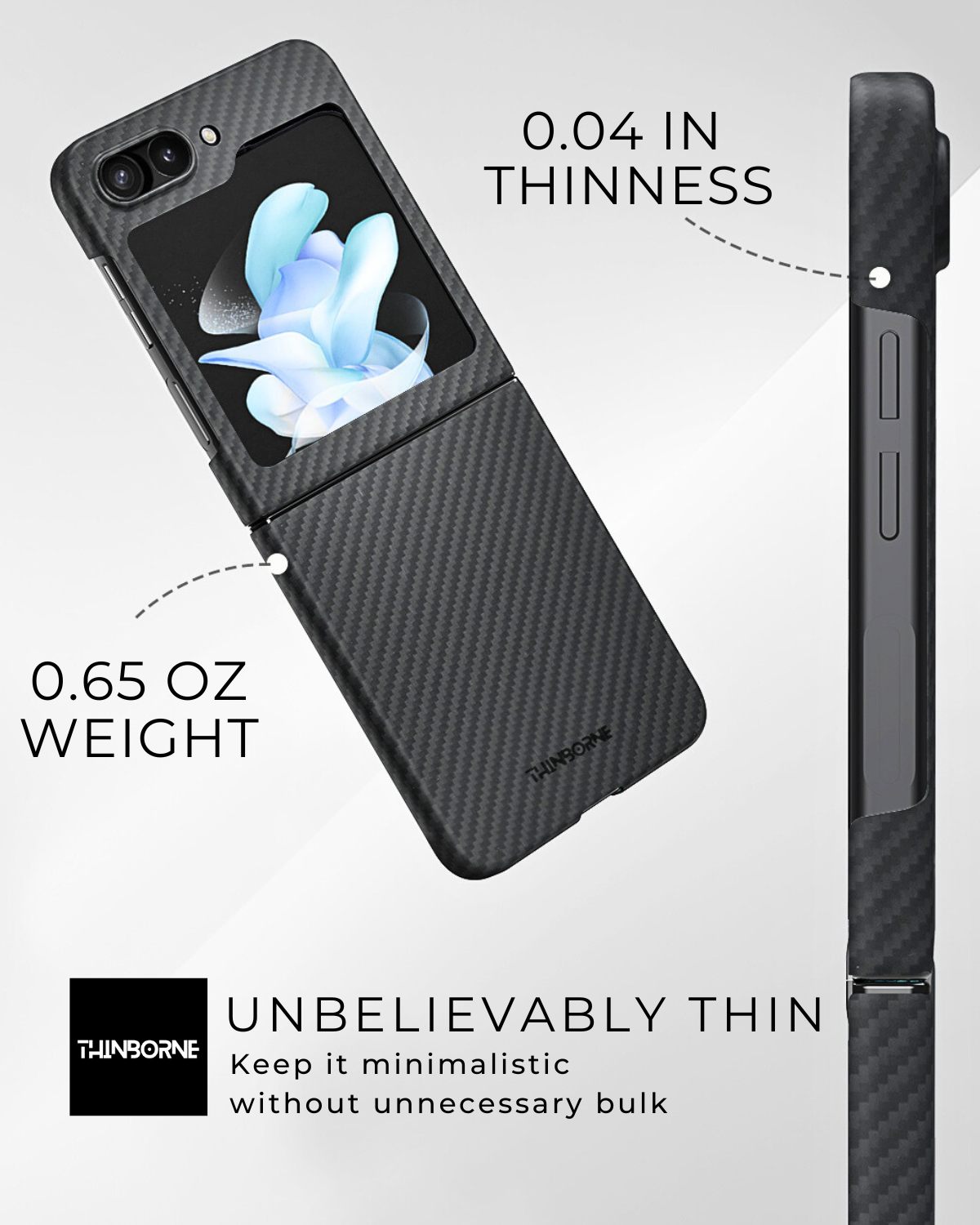 showing the ultra lightweight and thin aramid fiber minimalist galaxy z flip 5 case