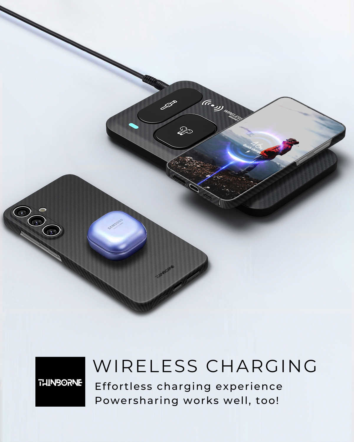 showing this carbon fiber galaxy s24 case with wireless charging compatible
