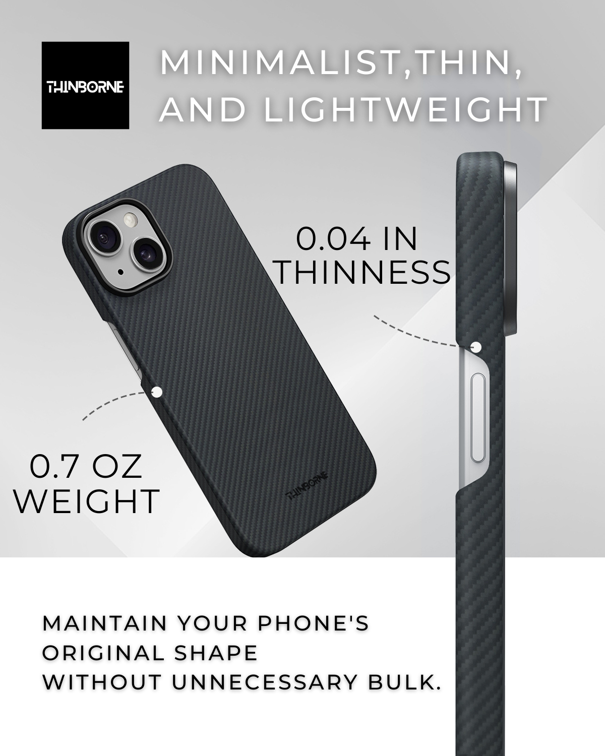 a picture showing the thickness and weight of iPhone 15 plus aramid fiber case