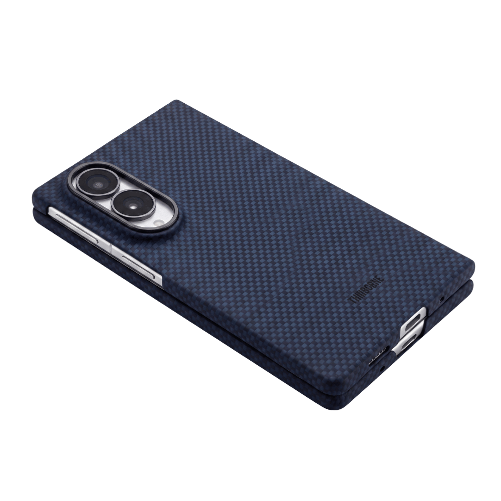 A dark navy blue galaxy z fold 8  phone case with a carbon fiber textured pattern, featuring a precise cutout for a dual-camera system and a small visible NEXPOOR brand logo on the lower right.