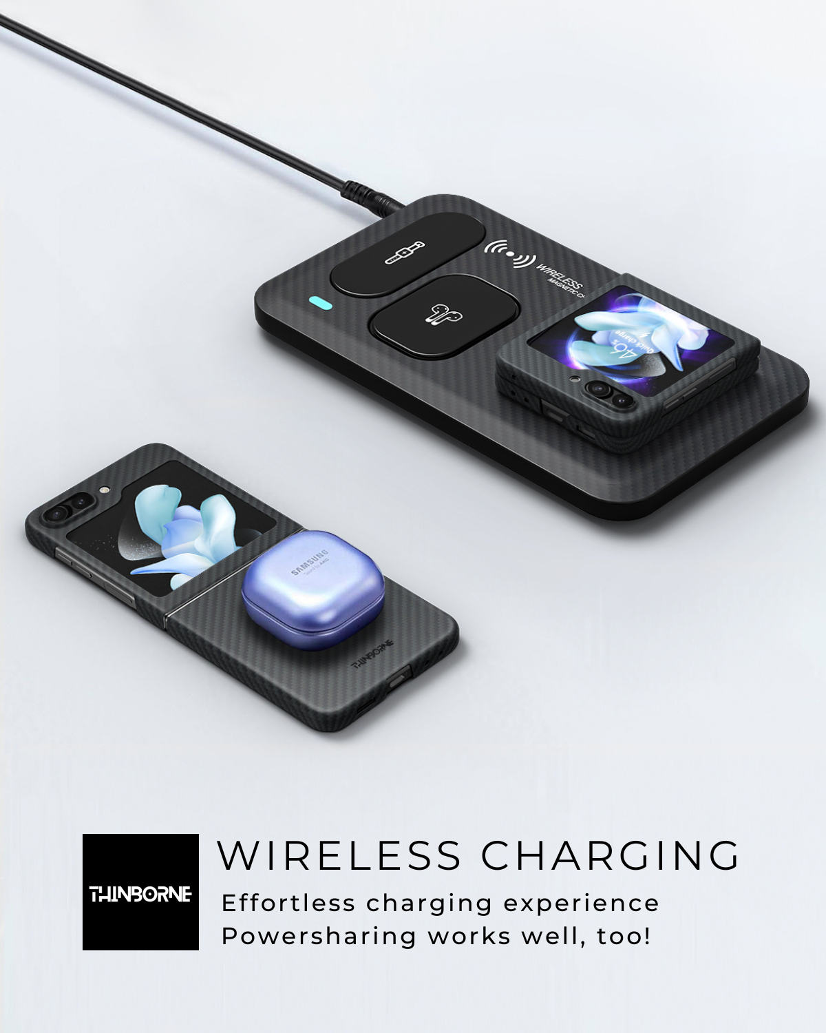 showing the wireless charging of aramid fiber ultra thin flip 5 case