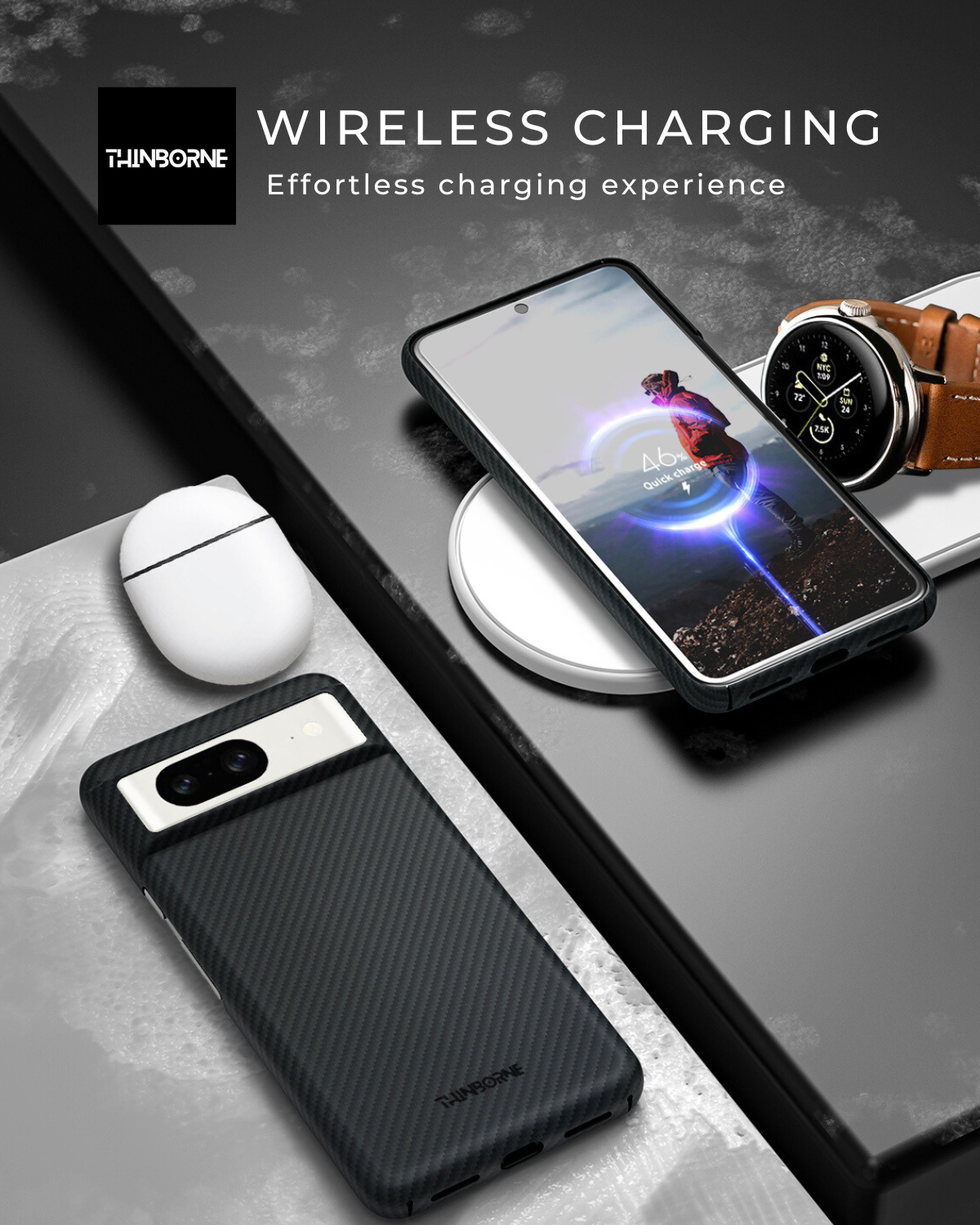 pixel 8 in aramid fiber cases showing wireless charging capacity