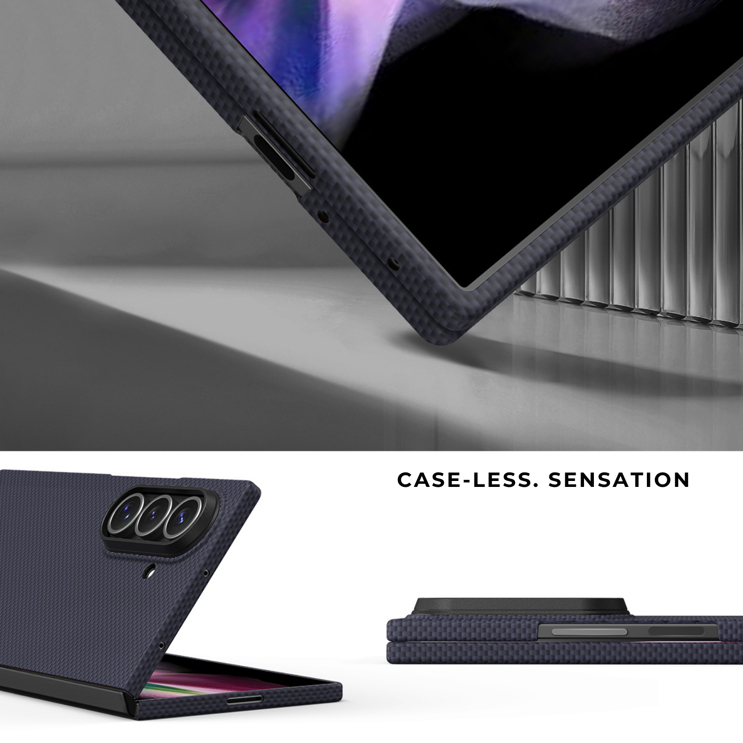 A dark textured galaxy z fold 8 ultra case shown in multiple angles, including a top-down view of a tablet inside, a folded view, and a slim side profile. The text 'CASE-LESS.