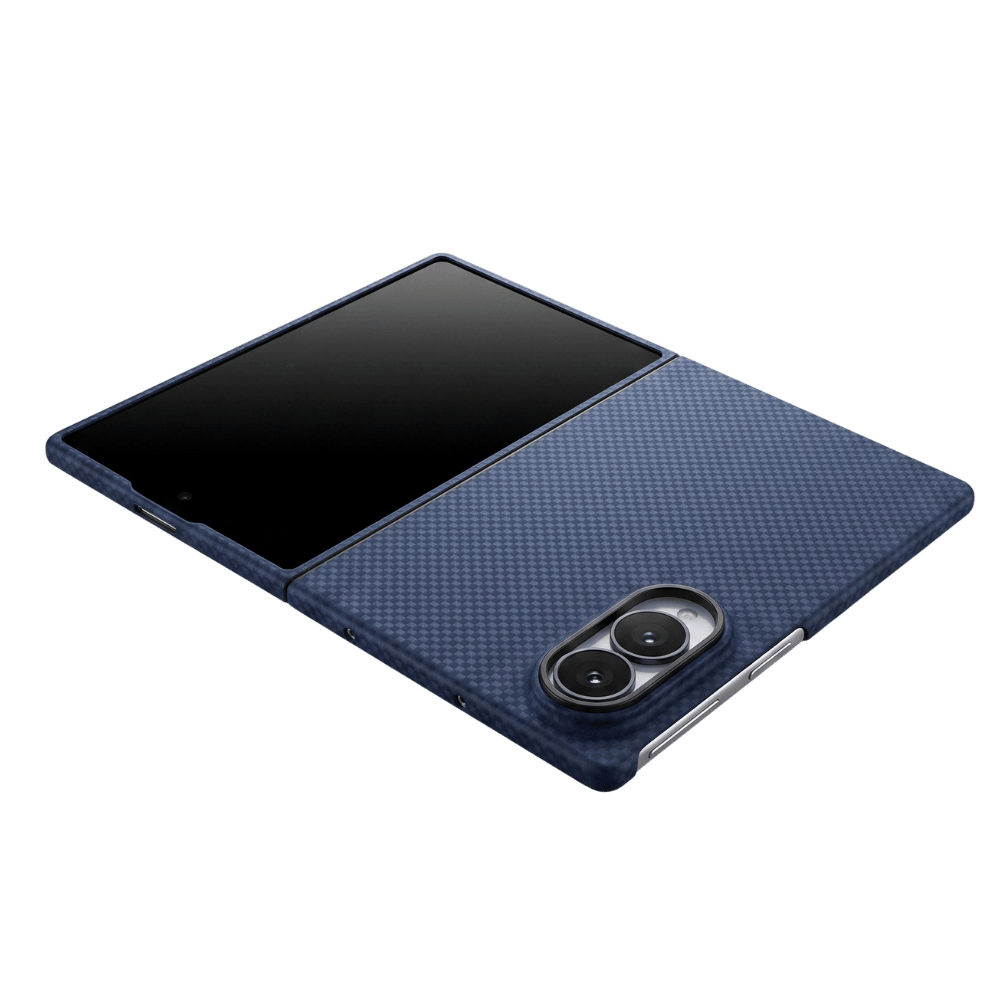 A dark navy blue protective samsung z fold 8 case for a foldable smartphone, shown partially open on a clean white background. The case features a textured carbon-fiber-like pattern on the back flap and a smooth black screen protector on the front.