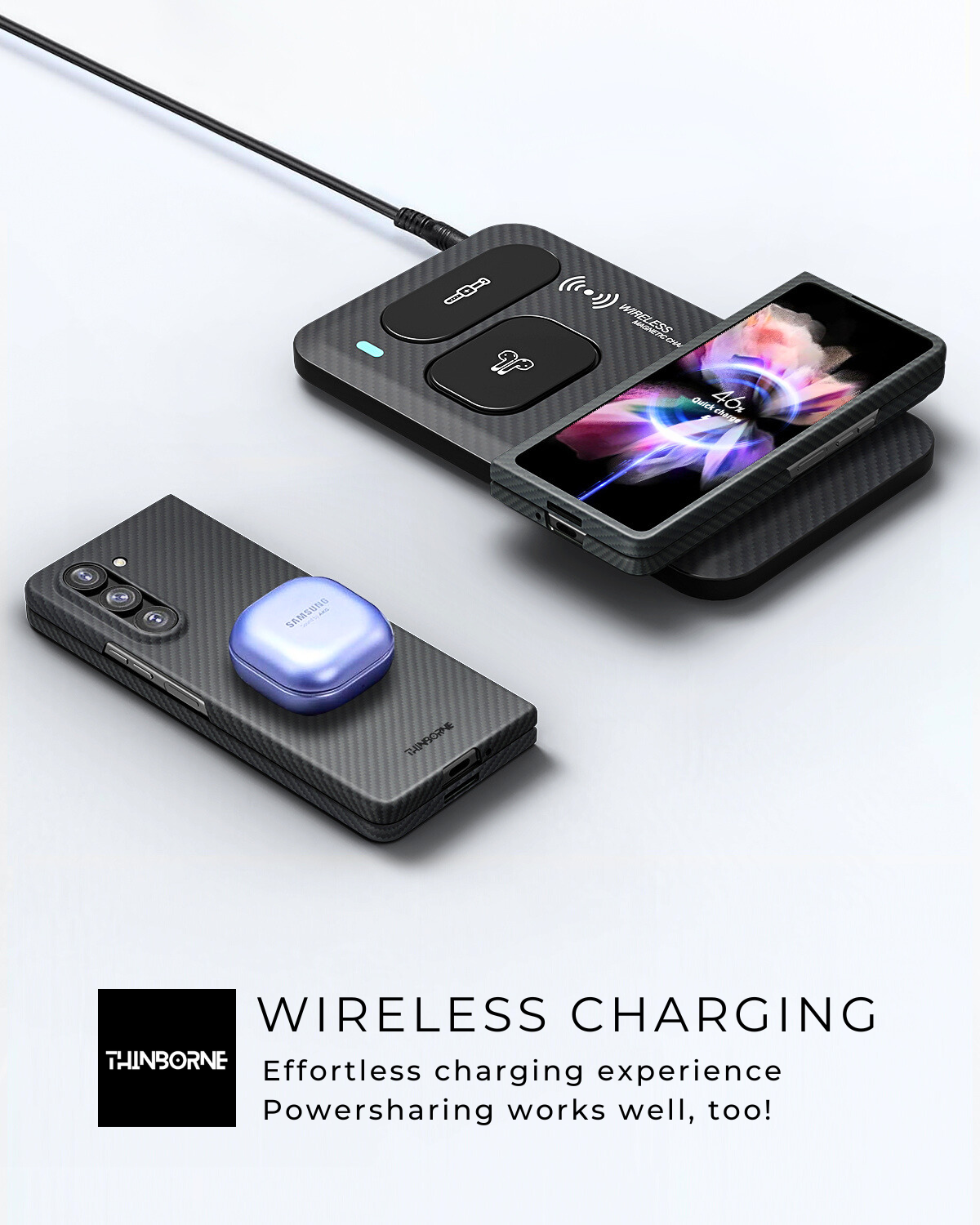 showing the wireless charging and powersharing compatibility of samsung galaxy z fold 5 aramid fiber case