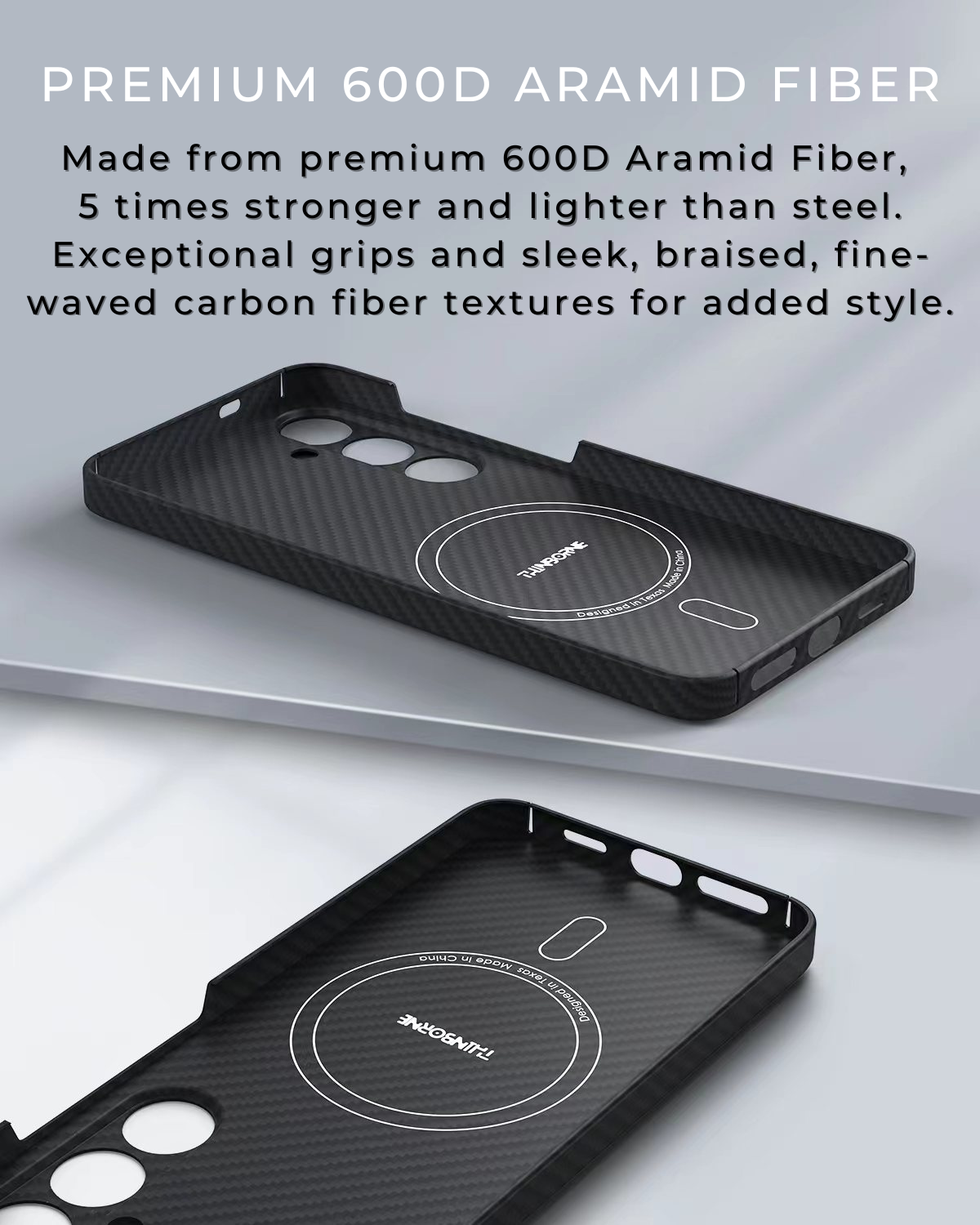 showing the samsung galaxy s24 case is made of premium 600d aramid fiber case