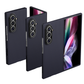 Three views of a dark navy textured z fold 8 ultra case for a folding smartphone, shown on a clean white background.