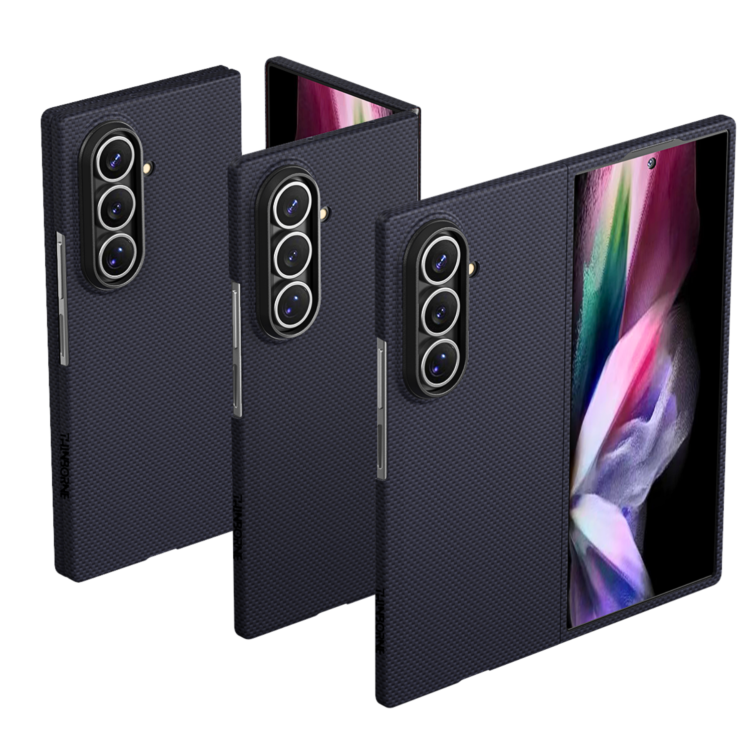 Three views of a dark navy textured z fold 8 ultra case for a folding smartphone, shown on a clean white background.