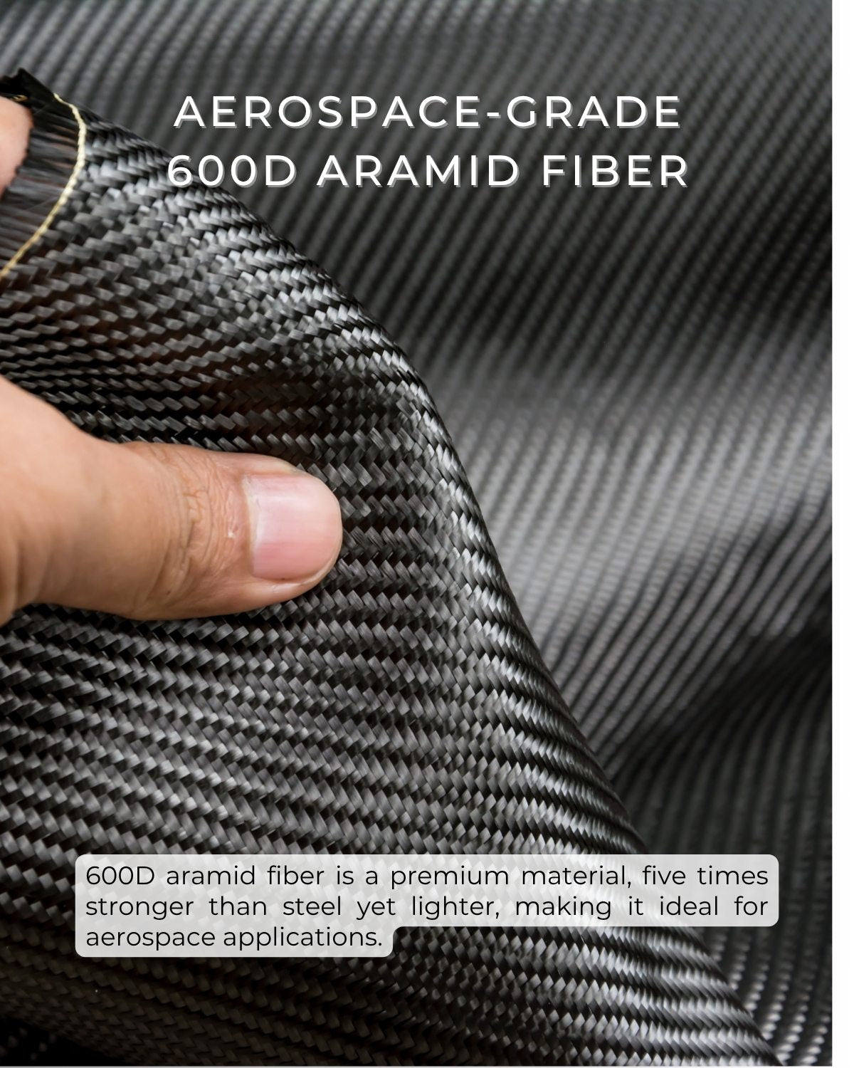 Aerospace-grade 600D aramid fiber with a hand holding it, text about its properties.