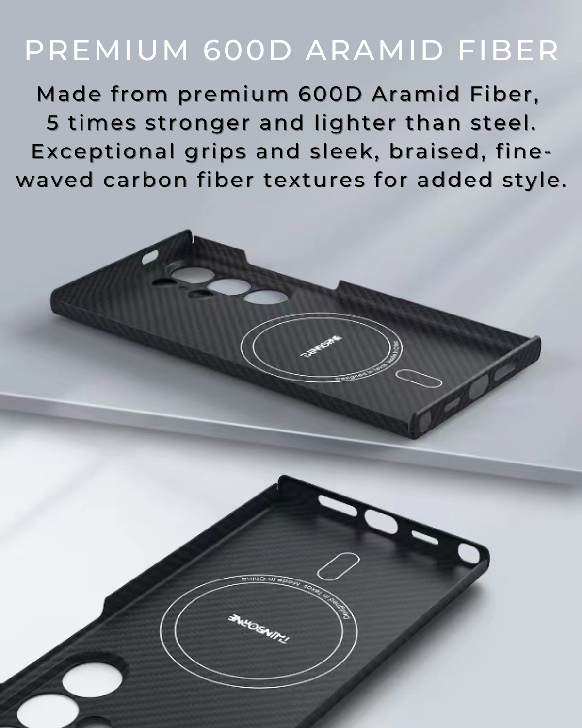 SHOWING THE SAMSUNG GALAX S24 ULTRA case IS MADE OF 600D ARAMID FIEBR
