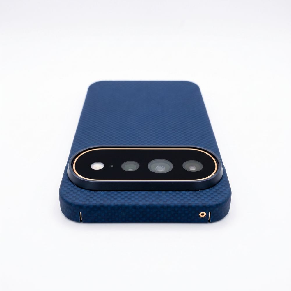 A dark blue pixel 11 pro xl phone case with a gold accent border around the camera cutout, shown from the back on a white background.