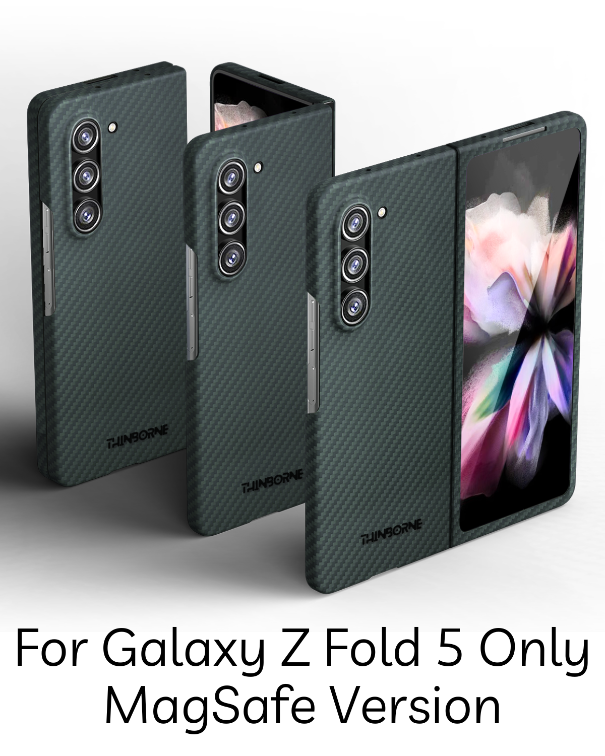 a picture showing different angle of samsung galaxy z fold 5 aramid fiber case and said only for galaxy z fold 5 
